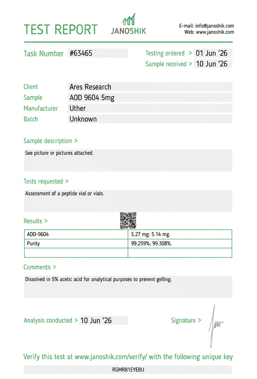 AOD-9604 5mg — Janoshik Analytical (Jun 2026) certificate of analysis