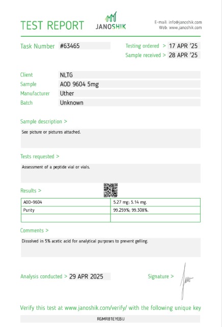 AOD-9604 5mg — Janoshik Analytical (Apr 2025) certificate of analysis
