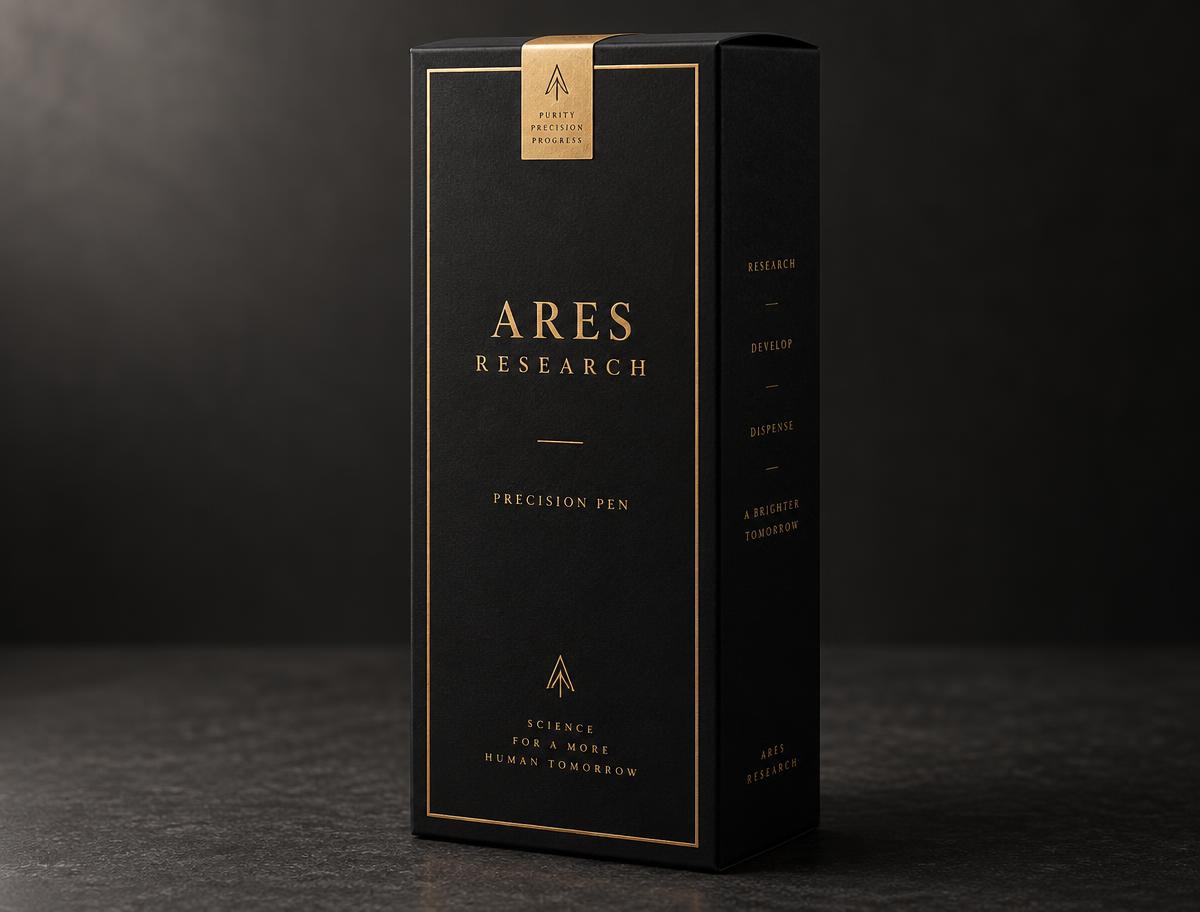 Matte black Ares Research peptide pen carton with gold foil wordmark and tamper seal