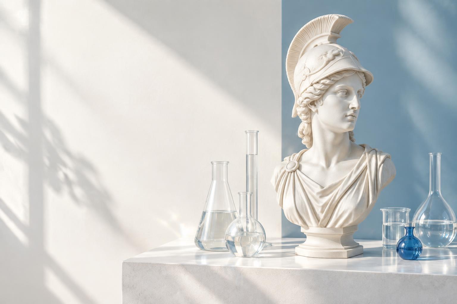 Ivory Athena sculpture beside laboratory glassware in soft blue light