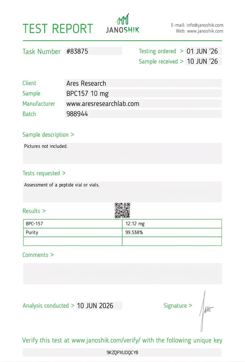 BPC-157 10mg — Janoshik Analytical (Jun 2026) certificate of analysis