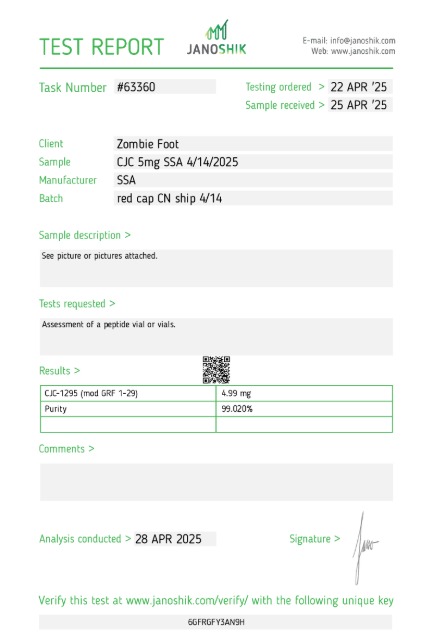 CJC-1295 (mod GRF 1-29) 5mg — Janoshik Analytical (Apr 2025) certificate of analysis