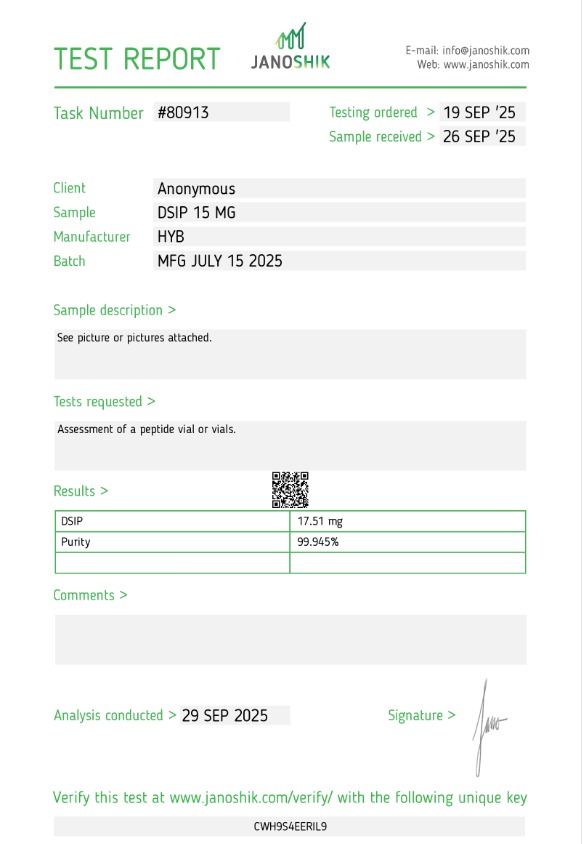 DSIP 15mg — Janoshik Analytical (Sep 2025) certificate of analysis