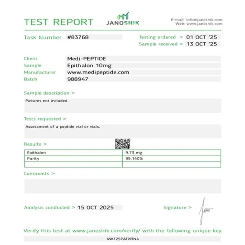 Epithalon — Janoshik Analytical certificate of analysis