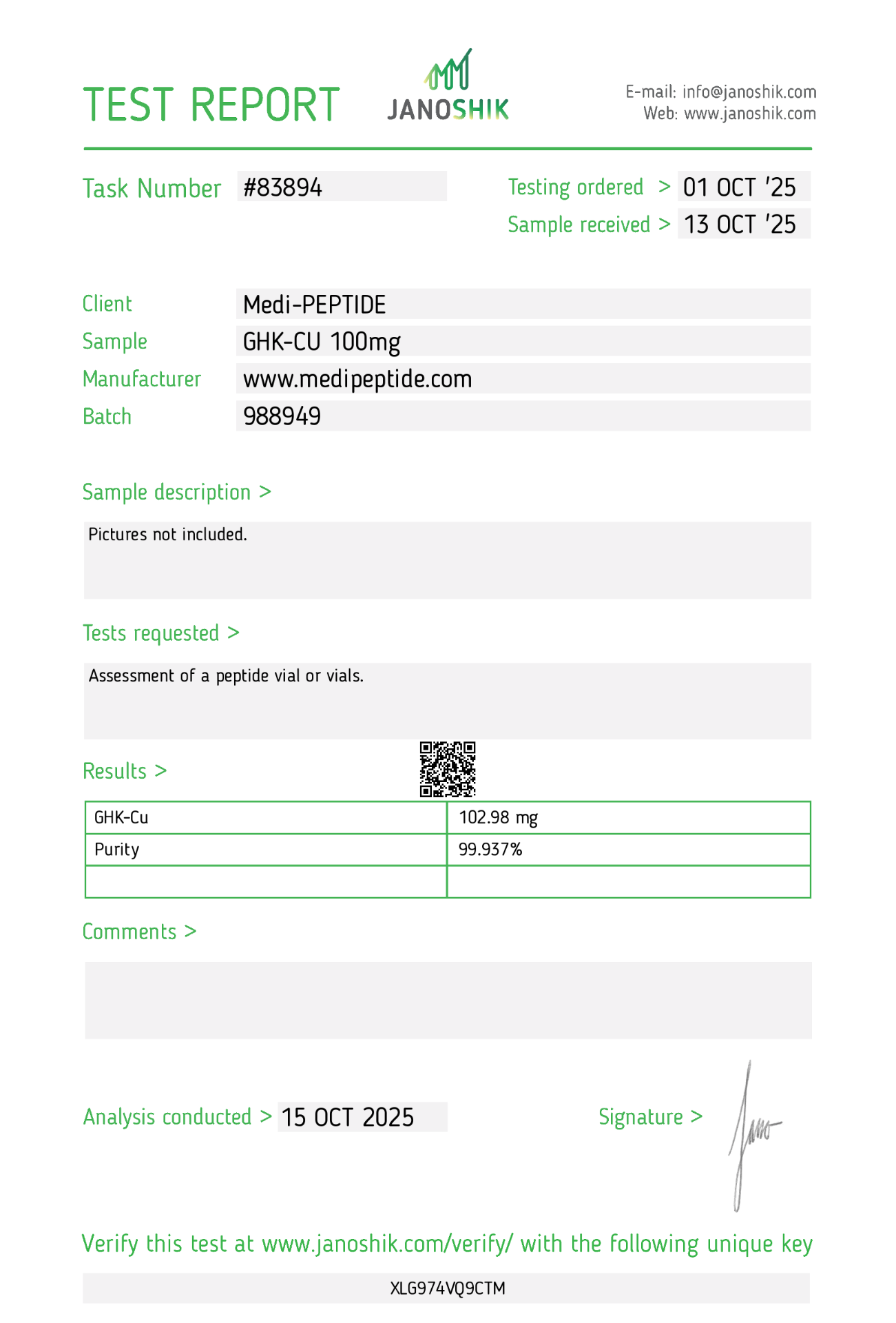 GHK-Cu 100mg — Janoshik Analytical (Oct 2025) certificate of analysis