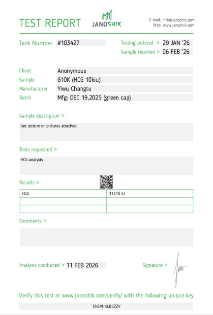 HCG 10kIU — Janoshik Analytical (Feb 2026) certificate of analysis