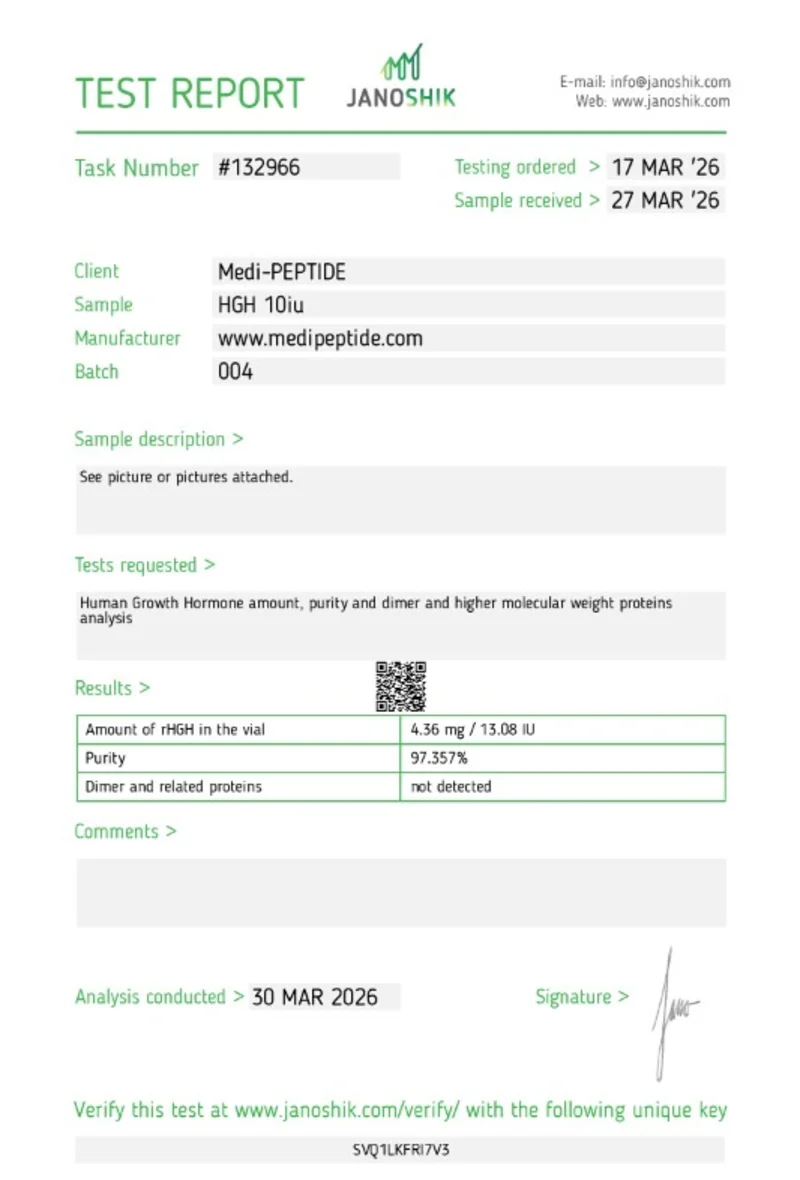 HGH 10IU — Janoshik Analytical certificate of analysis