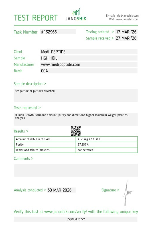 HGH 10IU — Janoshik Analytical (Mar 2026) certificate of analysis
