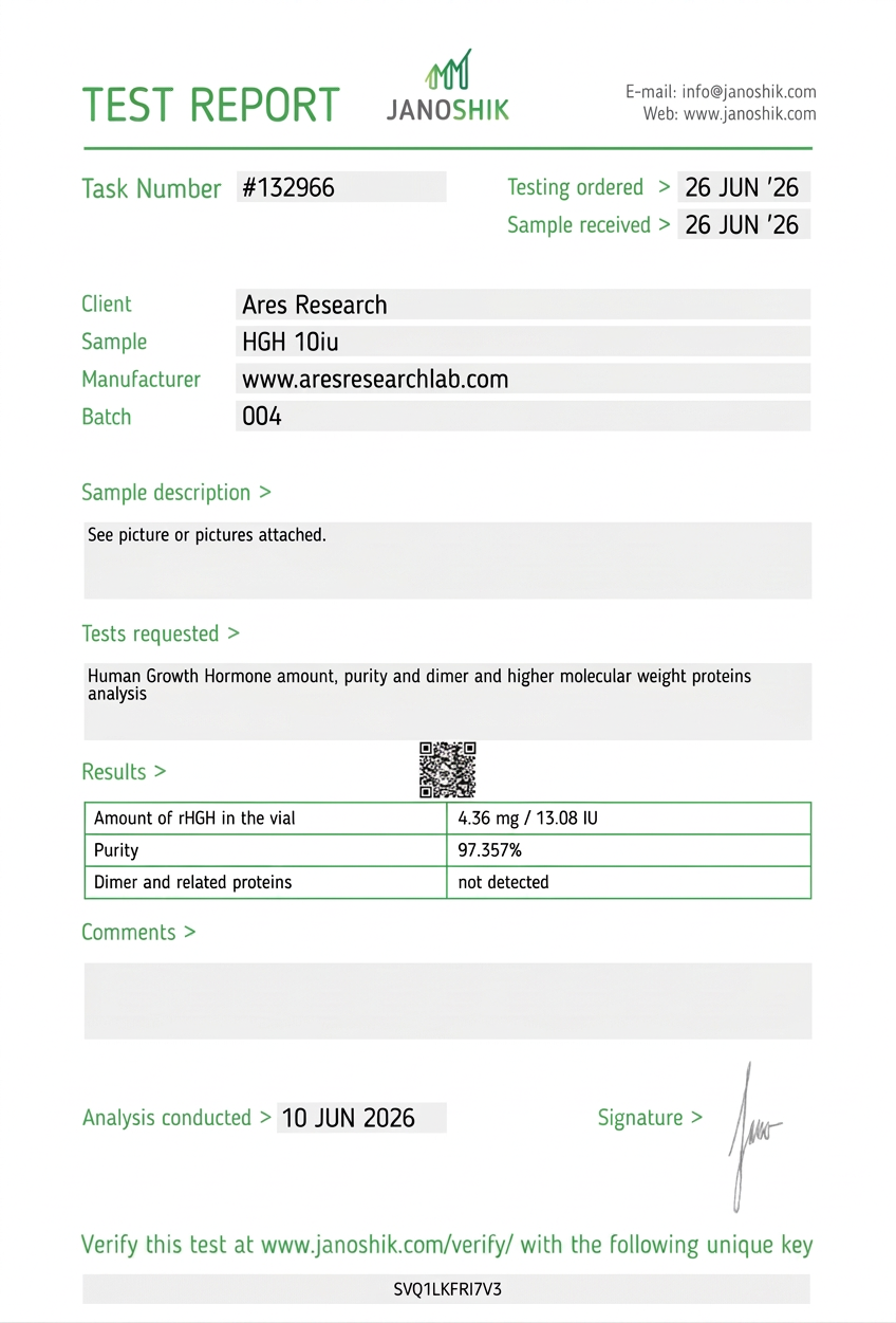 HGH 10IU — Janoshik Analytical (Jun 2026) certificate of analysis