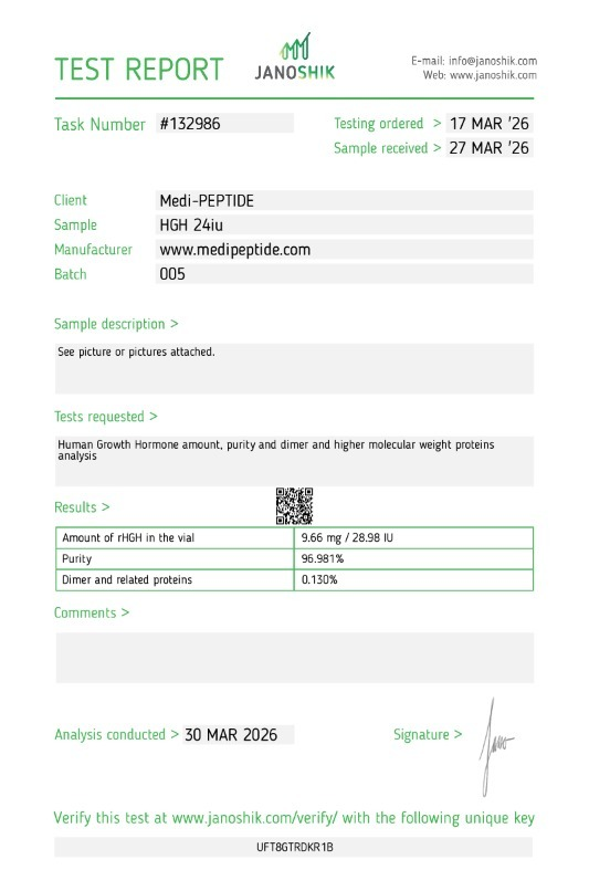 HGH 24IU — Janoshik Analytical (Mar 2026) certificate of analysis