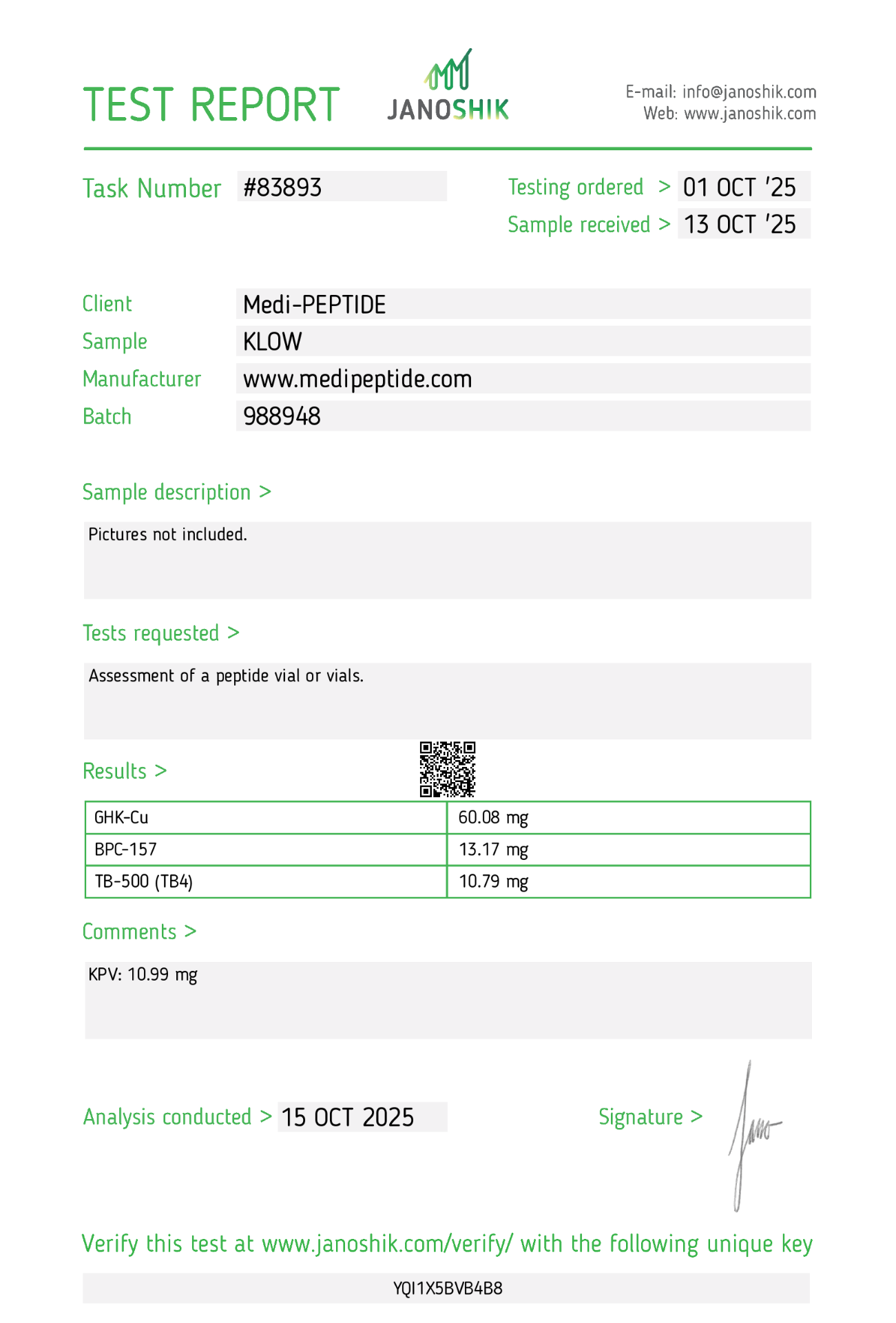 KLOW — Janoshik Analytical (Oct 2025) certificate of analysis