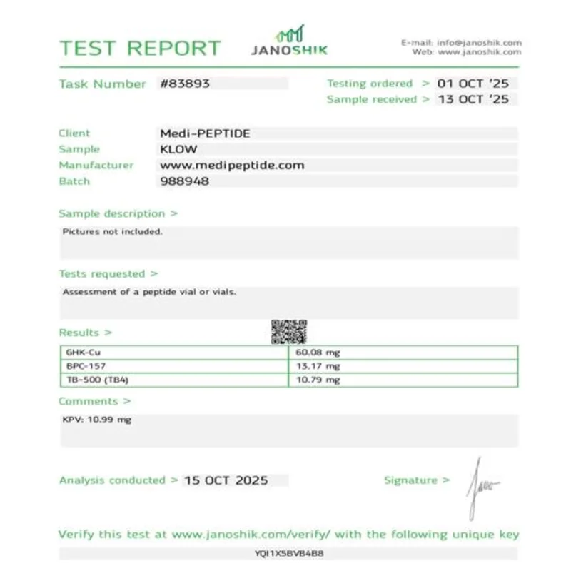 KLOW Stack — Janoshik Analytical certificate of analysis