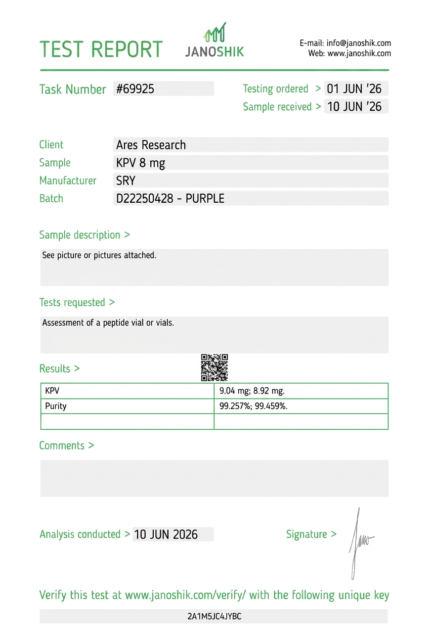 KPV 8mg — Janoshik Analytical (Jun 2026) certificate of analysis