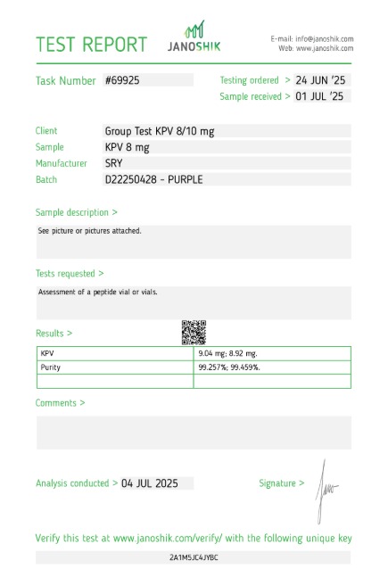 KPV 8mg — Janoshik Analytical (Jul 2025) certificate of analysis