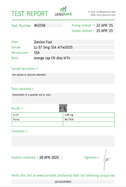LL-37 5mg — Janoshik Analytical (Apr 2025) certificate of analysis