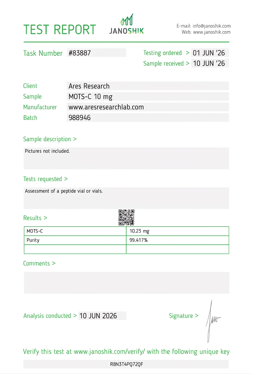 MOTS-C 10mg — Janoshik Analytical (Jun 2026) certificate of analysis