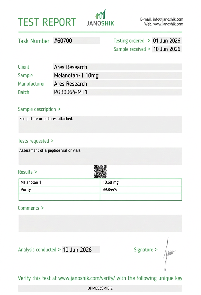 Melanotan-1 10mg — Janoshik Analytical (Jun 2026) certificate of analysis
