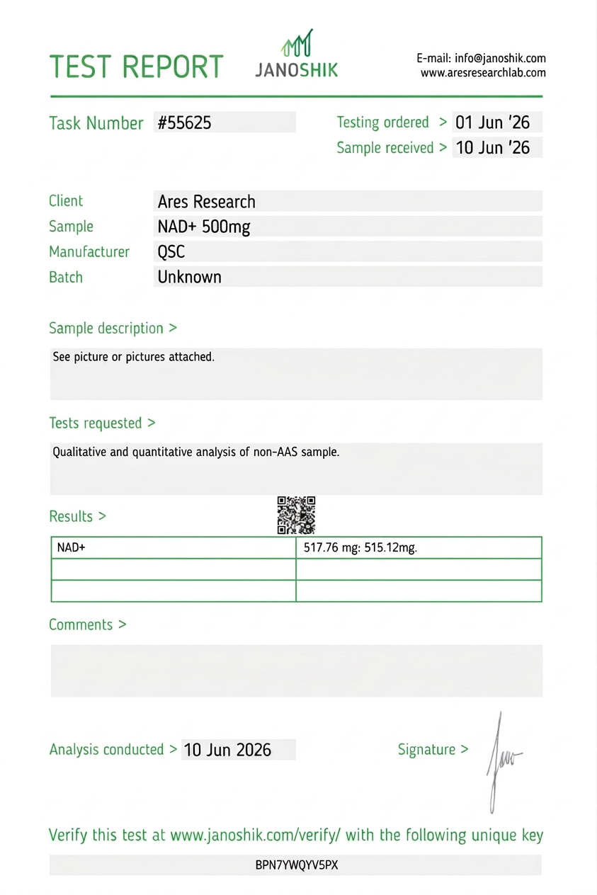 NAD+ 500mg — Janoshik Analytical (Jun 2026) certificate of analysis