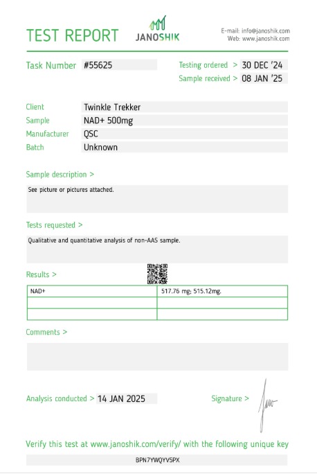 NAD+ 500mg — Janoshik Analytical (Jan 2025) certificate of analysis