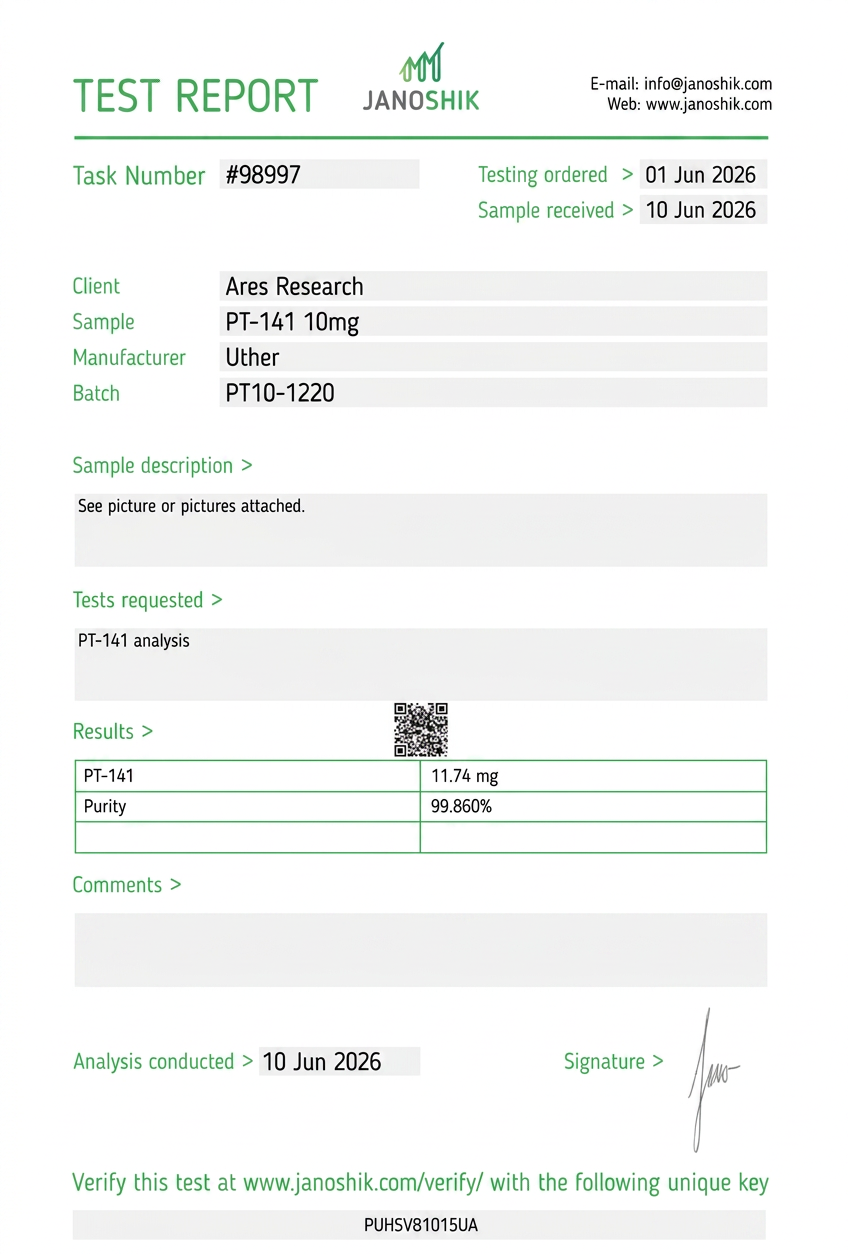 PT-141 10mg — Janoshik Analytical (Jun 2026) certificate of analysis