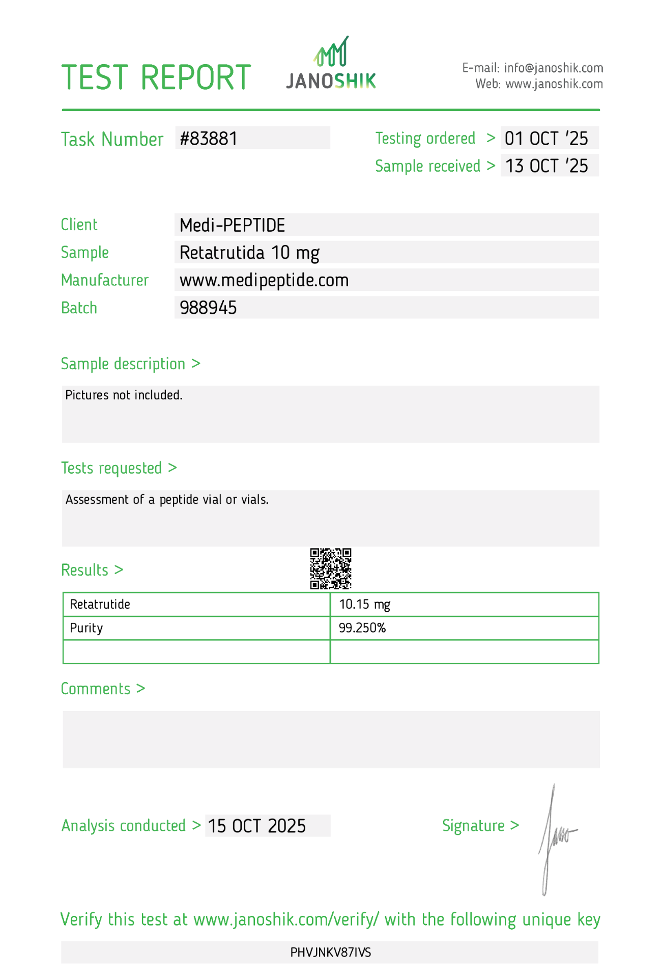 GLP-3RT (Retatrutide) 10mg — Janoshik Analytical (Oct 2025) certificate of analysis