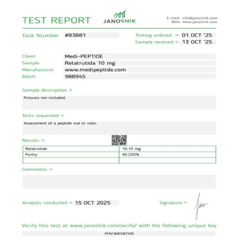 GLP-3RT (Retatrutide) 10mg — Janoshik Analytical certificate of analysis