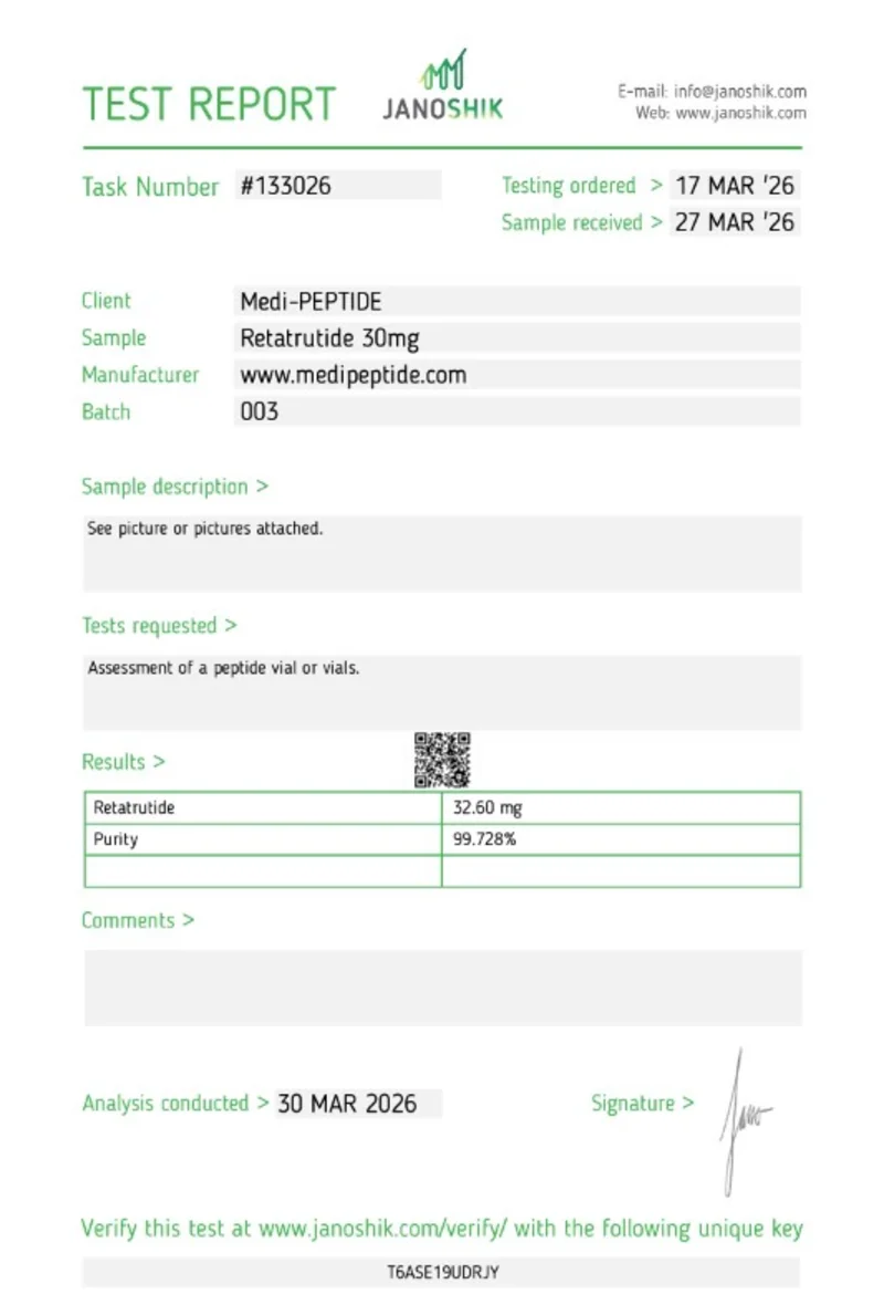 GLP-3RT (Retatrutide) 30mg — Janoshik Analytical certificate of analysis