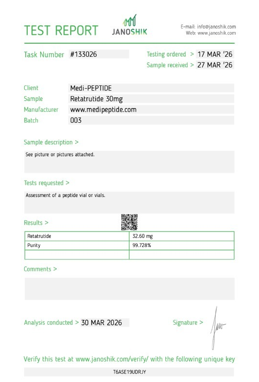 GLP-3RT (Retatrutide) 30mg — Janoshik Analytical (Mar 2026) certificate of analysis