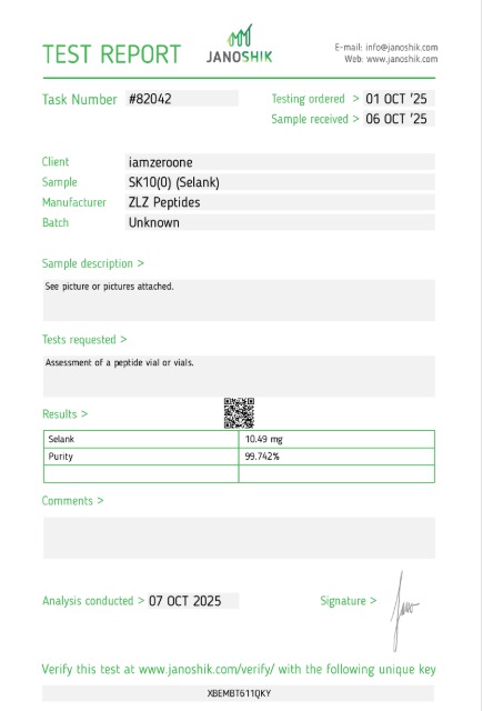 Selank 10mg — Janoshik Analytical (Oct 2025) certificate of analysis