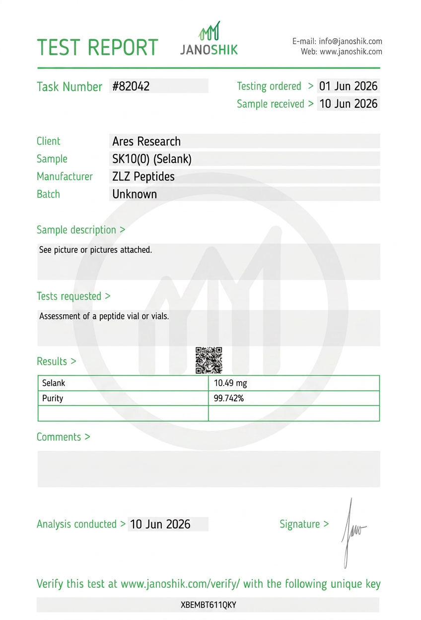 Selank 10mg — Janoshik Analytical (Jun 2026) certificate of analysis