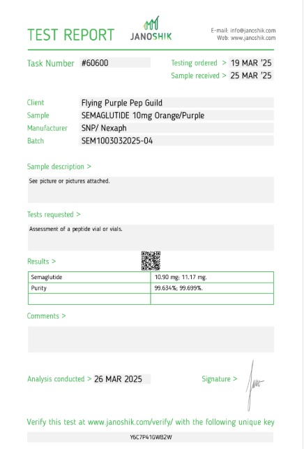 GLP-1S (Semaglutide) 10mg — Janoshik Analytical (Mar 2025) certificate of analysis