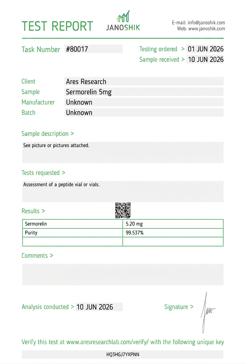 Sermorelin 5mg — Janoshik Analytical (Jun 2026) certificate of analysis