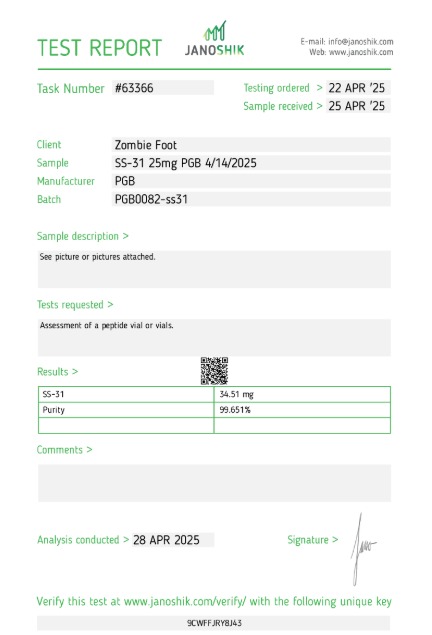 SS-31 25mg — Janoshik Analytical (Apr 2025) certificate of analysis