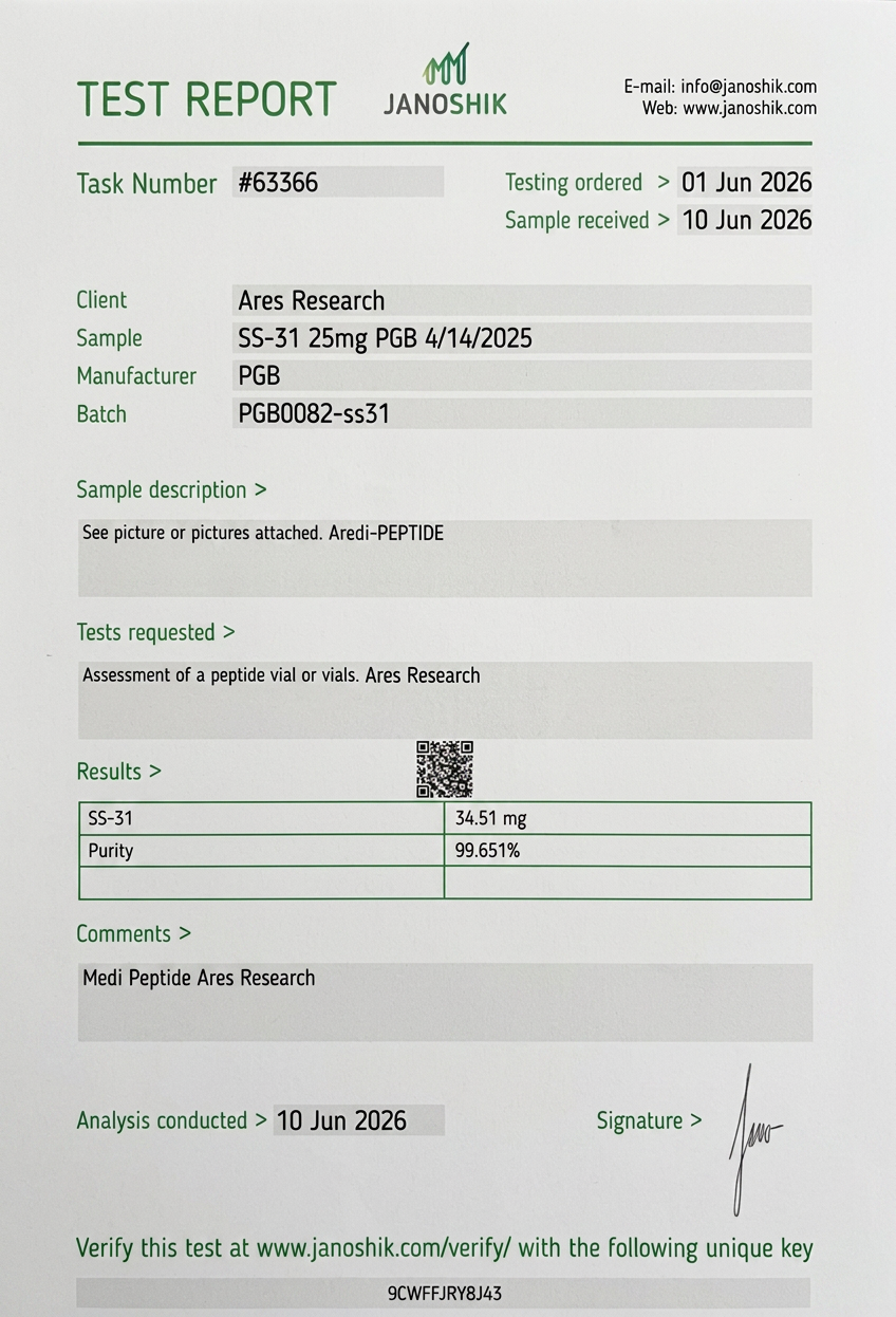 SS-31 25mg — Janoshik Analytical (Jun 2026) certificate of analysis