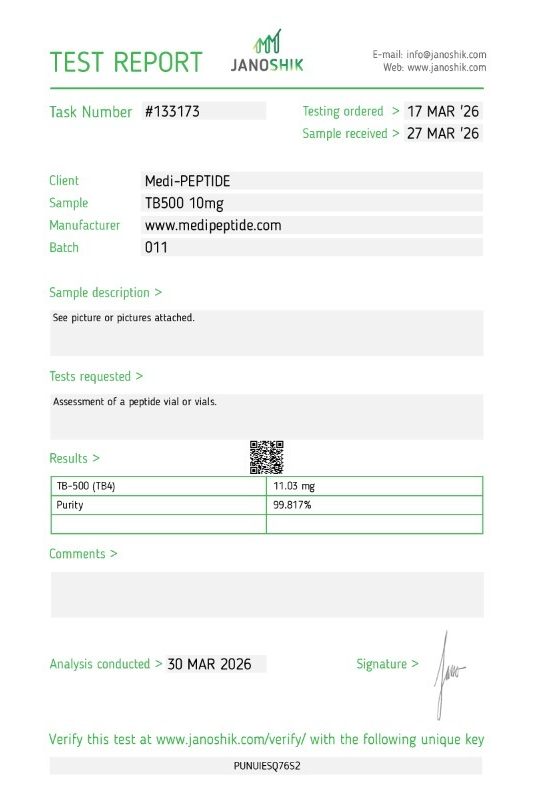 TB-500 10mg — Janoshik Analytical (Mar 2026) certificate of analysis