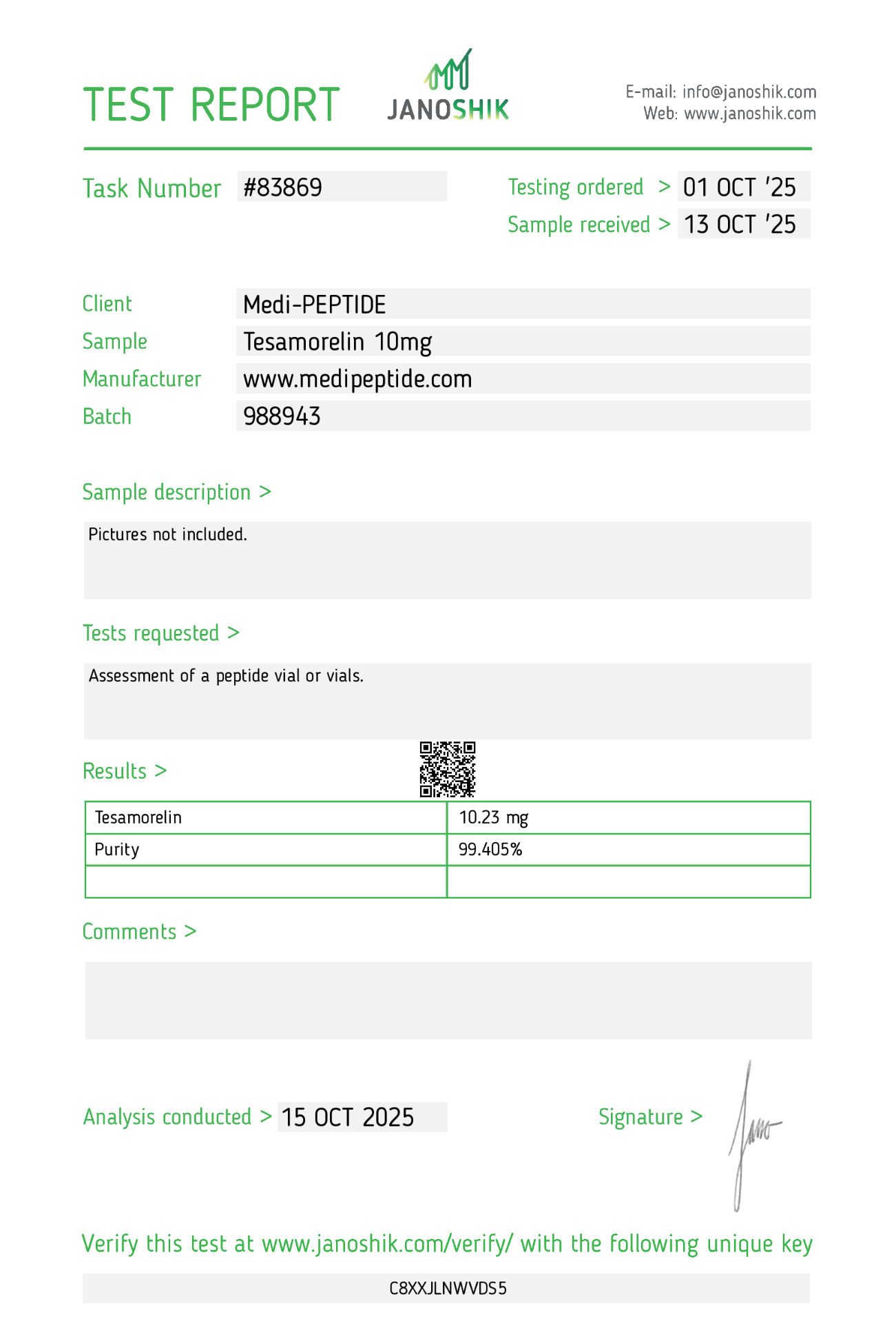 Tesamorelin 10mg — Janoshik Analytical (Oct 2025) certificate of analysis
