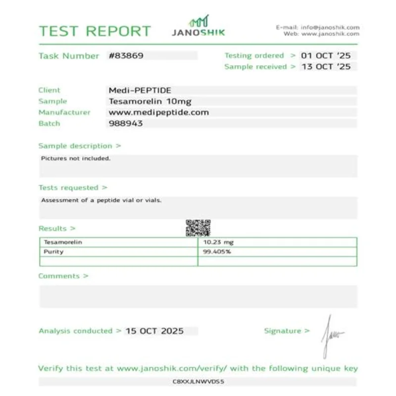 Tesamorelin 10mg — Janoshik Analytical certificate of analysis