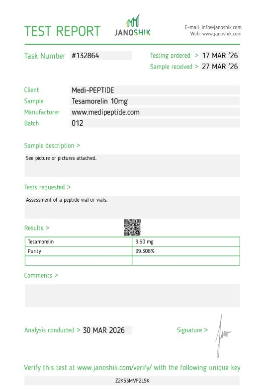 Tesamorelin 10mg — Janoshik Analytical (Mar 2026) certificate of analysis