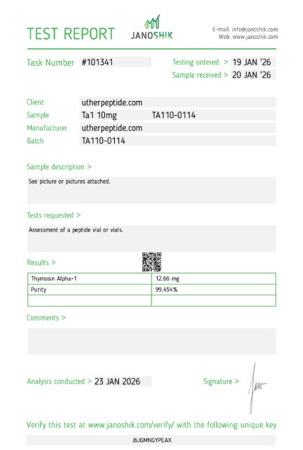 Thymosin Alpha-1 10mg — Janoshik Analytical (Jan 2026) certificate of analysis