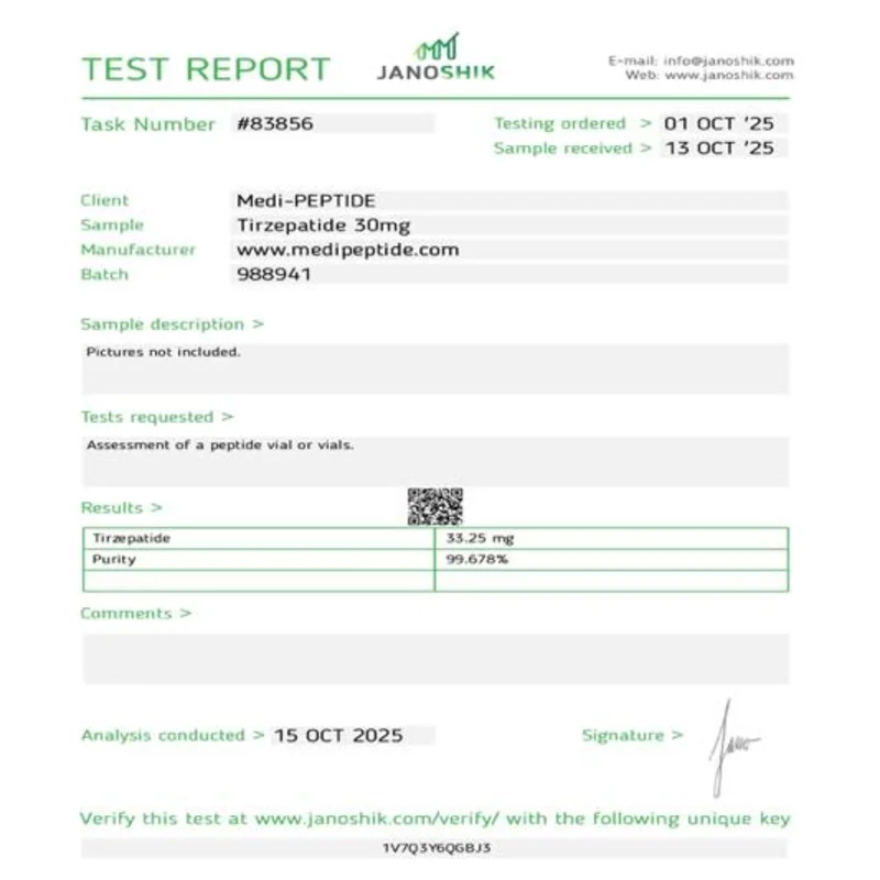 GLP-2T (Tirzepatide) 30mg — Janoshik Analytical certificate of analysis